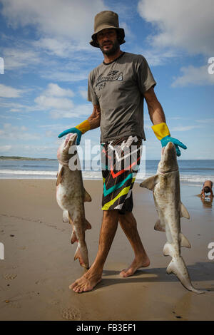 Pêcheur avec cazon, aiguillat, Punta del Diablo. L'Uruguay Banque D'Images