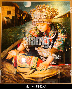 La tapisserie en soie,broderie,Naxi Baisha Institut,Broderie tapisserie murale, Thangkas bouddhistes,Lijiang, Yunnan Province,China,PRC Banque D'Images