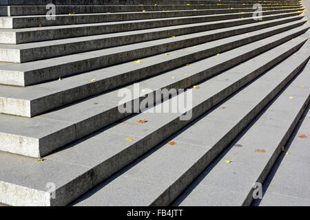 Longue ligne droite de larges bandes de pierres au soleil et des colonnes montantes dans l'ombre sur les marches de la ville de Londres parsemée d'automne tombé quitte l'Angleterre Royaume-Uni Banque D'Images