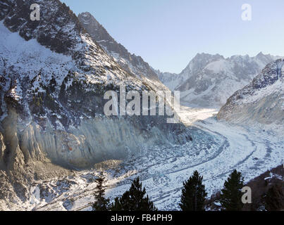 Mer de Glace montrant les moraines laissées par le glacier en recul Chamonix France Banque D'Images