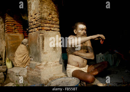 Katmandou, Népal. 10 janvier, 2016. Un Sadhu met des cendres sur son corps au temple de Pashupatinath à Katmandou, Népal, 10 janvier 2016. Sadhus sont connus sous le nom de Baba, Sannyasi (renunciates) qui ont laissé derrière eux tout le matériel des pièces jointes et de vivre dans les temples, les forêts ou les grottes. © Pratap Thapa/Xinhua/Alamy Live News Banque D'Images