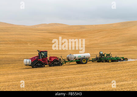 Cas tracteur Quadtrac extraction d'un réservoir d'ammoniac anhydre et l'application de l'applicateur d'anhydre un champ à l'avance de la préparation Banque D'Images