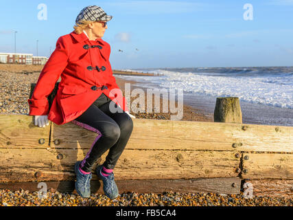 Milieu de femme assise sur un épi à la plage en hiver, face à la mer par une froide journée de West Sussex, Angleterre, Royaume-Uni. Banque D'Images