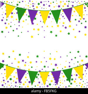 Bunting Mardi Gras avec fond étoiles confettis. Banque D'Images