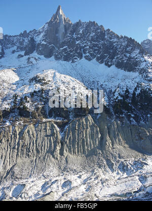 Le DRU Chamonix montagne montrant l'énorme recul du glacier depuis 1890 comme vu par les moraines Banque D'Images