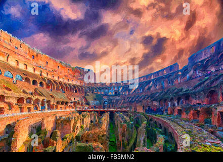 Une peinture numérique de l'impressionnant Colisée romain antique situé dans la capitale de l'Italie Rome. Banque D'Images