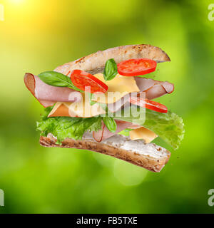Sandwich avec les ingrédients entrant dans l'air contre les fond vert - tranches de tomates fraîches, jambon, fromage et lettuc Banque D'Images