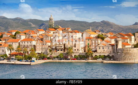 Korcula, Vieille Ville, Port au bord de mer, Croatie Banque D'Images