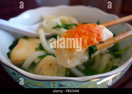 Un bol de soupe de nouilles Udon asiatique avec gâteau de poisson Banque D'Images