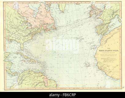 L'ATLANTIQUE NORD : projection gnomonique.câbles télégraphiques courants.BLACKIE, 1893 map Banque D'Images