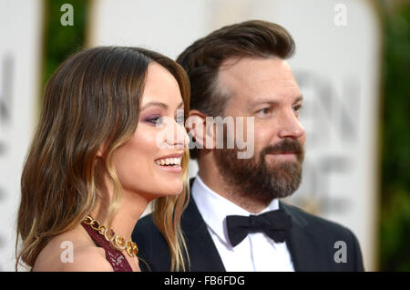 Los Angeles, Californie, USA. 10 janvier, 2016. Jason Sudeikis et Olivia Wilde arrive au Golden Globes, Los Angeles, CA : Crédit Sydney Alford/Alamy Live News Banque D'Images