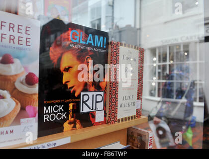 Brighton, UK. 11 janvier, 2016. Glamour ! Un témoin oculaire par Mick Rock avec une couverture photo de David Bowie qui a eu un autocollant RIP ajouté dans la fenêtre librairie Brighton PS dans la région de North Laine de la ville après son décès a été annoncé plus tôt aujourd'hui Crédit : Simon Dack/Alamy Live News Banque D'Images