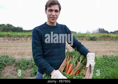 Man holding récoltés au champ de carottes, portrait Banque D'Images