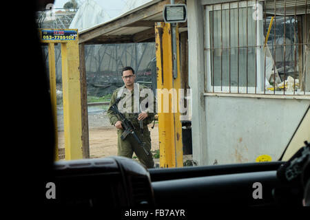 Shilo, Cisjordanie. 11 janvier, 2016. Un soldat des FDI inspecte les véhicules entrant dans la colonie en Cisjordanie de Shilo en vertu de la compétence de la Conseil régional de Mateh Binyamin. Banque D'Images