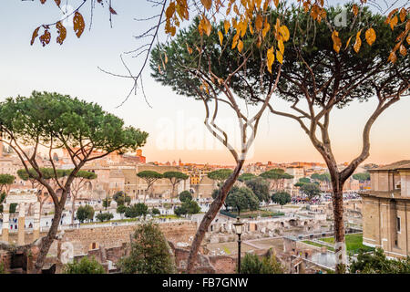 Vue sur les toits de Rome, monuments anciens, les palais historiques, les édifices anciens, les églises catholique et vieilles maisons, arbres verts et des feuilles d'oranger Banque D'Images