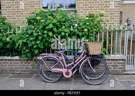 Les vélos en face de garden wall y compris dames rose vélo avec grand panier en osier, Kinsington Edwardes Square et Chelsea Lon Banque D'Images