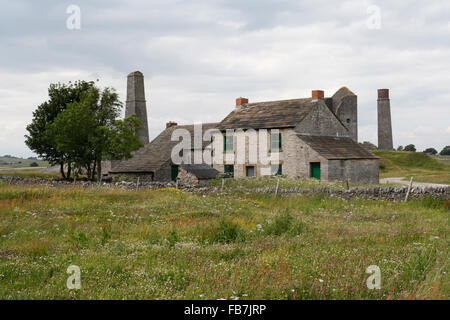 Ancien bâtiment à la mine Magpie, Sheldon Derbyshire, Angleterre, prairie de fleurs sauvages de Moorland, parc national du district de Peak, bureau de l'industrie minière Banque D'Images