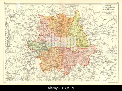 Londres : Les Districts et sous-districts postaux. Codes postaux, 1937 carte vintage Banque D'Images