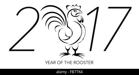 Nouvelle Année lunaire chinoise du Coq Noir et blanc avec chiffres arabes 2017 Illustration Banque D'Images