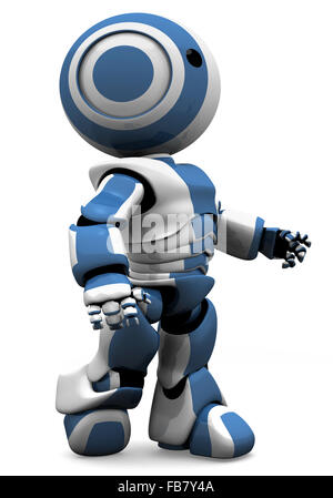 Un robot bleu et blanc autour de l'avant dans la détermination. Ou peut-être qu'il vient de se détacher de la chaîne d'assemblage et est à la recherche à la n. Banque D'Images