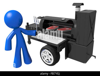 L'homme préparer des steaks délicieux sur mobile grill. Banque D'Images