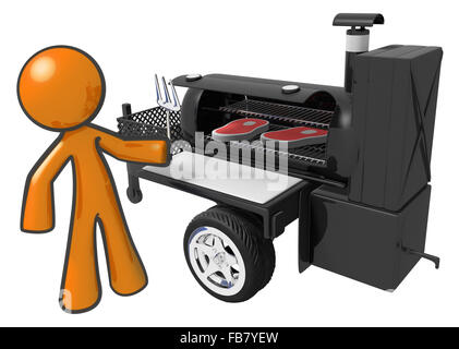 L'homme préparer les darnes sur un grill barbecue mobile machine. Banque D'Images