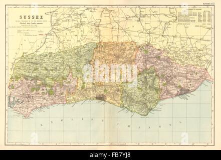 SUSSEX carte du comté d'antiquités. Routes Chemins de canaux