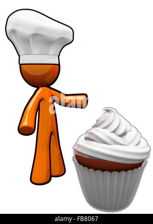 Homme Orang chef presenting un petit gâteau à votre auditoire. Il porte un chapeau de chef. Banque D'Images