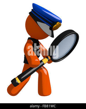 L'homme Orange agent de police à la loupe à travers. Banque D'Images