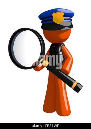 L'homme Orange policier debout avec loupe. Banque D'Images