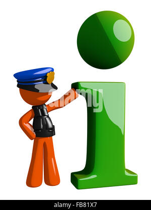 L'homme Orange agent de police avec une grande icône d'information. Banque D'Images