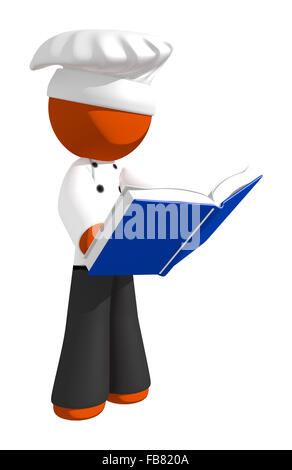 L'homme Orange lecture chef Cook Book. Banque D'Images