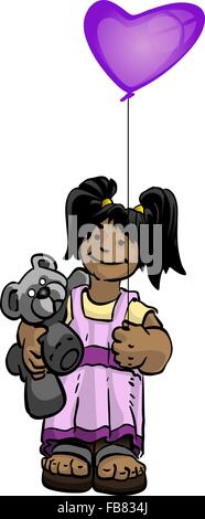 Un vecteur illustration d'un happy girl holding a teddy bear et ballon violet. Illustration de Vecteur