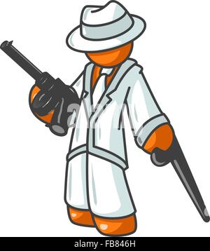 Un homme tenant une orange Tommy gun avec un costume blanc. Pouvez probablement considéré comme un gangster à l'ancienne. Illustration de Vecteur