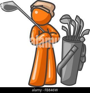 Une orange homme avec ses clubs de golf prêt à jouer !. Illustration de Vecteur