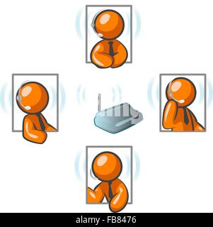 Les hommes d'Orange de l'autre parler sur un réseau de communication sans fil. Illustration de Vecteur