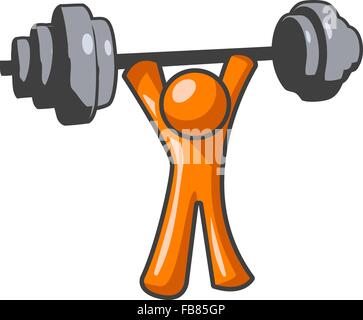 Une orange man lifting weights in un grand affichage de la force. Illustration de Vecteur