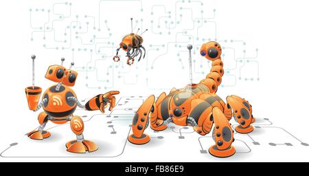 Un ensemble de robots orange, créé dans le cadre d'une série de robots internet, un concept dans l'automatisation de l'internet. Illustration de Vecteur