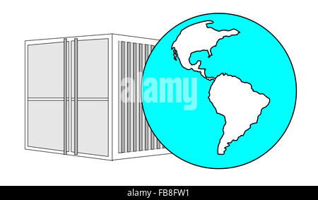 Illustration de metal 40 ft conteneur maritime avec light blue world globe Banque D'Images