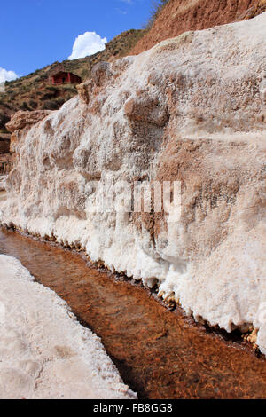 Printemps hypersalins qui alimente un réseau complexe de près de 3 000 salines à Salinas de Maras, région de Cuzco, Pérou Banque D'Images