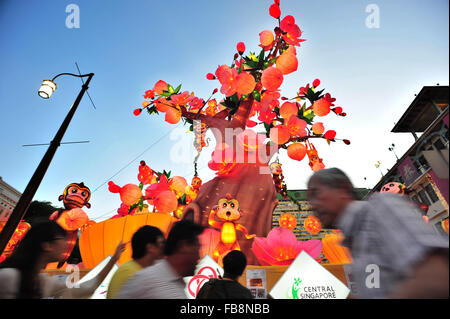 Singapour. 12 Jan, 2016. Photo prise le 12 janvier 2016 montre la lanterne allumée décorations singe en préparation de la fête du Nouvel An lunaire chinois à Chinatown de Singapour. Credit : Puis Chih Wey/Xinhua/Alamy Live News Banque D'Images