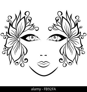 Abstraite noir et blanc visage de femme avec des accessoires floraux, dessin à la main vector illustration Illustration de Vecteur