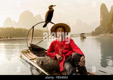 Rivière Li - Xingping, Chine. Janvier 2016 - Un pêcheur se reposant avec ses aigrettes sur un radeau en bambou. Banque D'Images