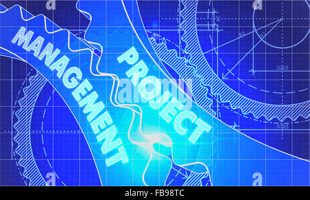 Gestion de projet sur le mécanisme de rouages. Plan du style. La conception technique. Illustration 3d avec des reflets. Banque D'Images