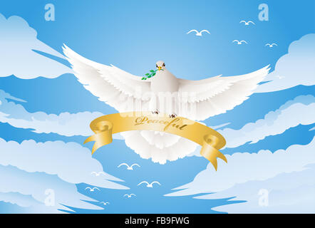 Illustration d'une colombe tenir ruban paisible avec une brindille voler au-dessus de fond de ciel bleu Banque D'Images
