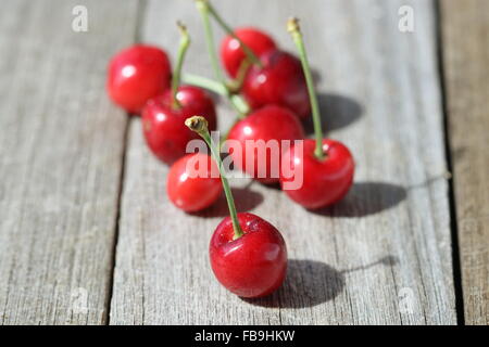 Close up de Prunus avium cerises ou connu sous le nom de Lapin cerises sur planche de bois Banque D'Images