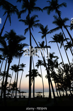 Un beau coucher du soleil tropical comme vu de l'hôtel à la roche dans la plage de Ngapali, Birmanie. Banque D'Images