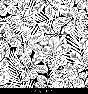 Noir et blanc fleurs d'hibiscus et de plantes tropicales modèle transparente . Illustration de Vecteur