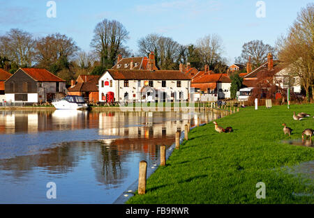 Vue d'un coude de la rivière Bure avec le soleil levant sur les Norfolk Broads à Coltishall, Norfolk, Angleterre, Royaume-Uni. Banque D'Images