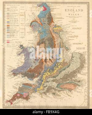 L'ANGLETERRE ET DU PAYS DE GALLES. Carte géologique.original de la couleur.Les roches.SDUK 1844 Dépositaire Banque D'Images